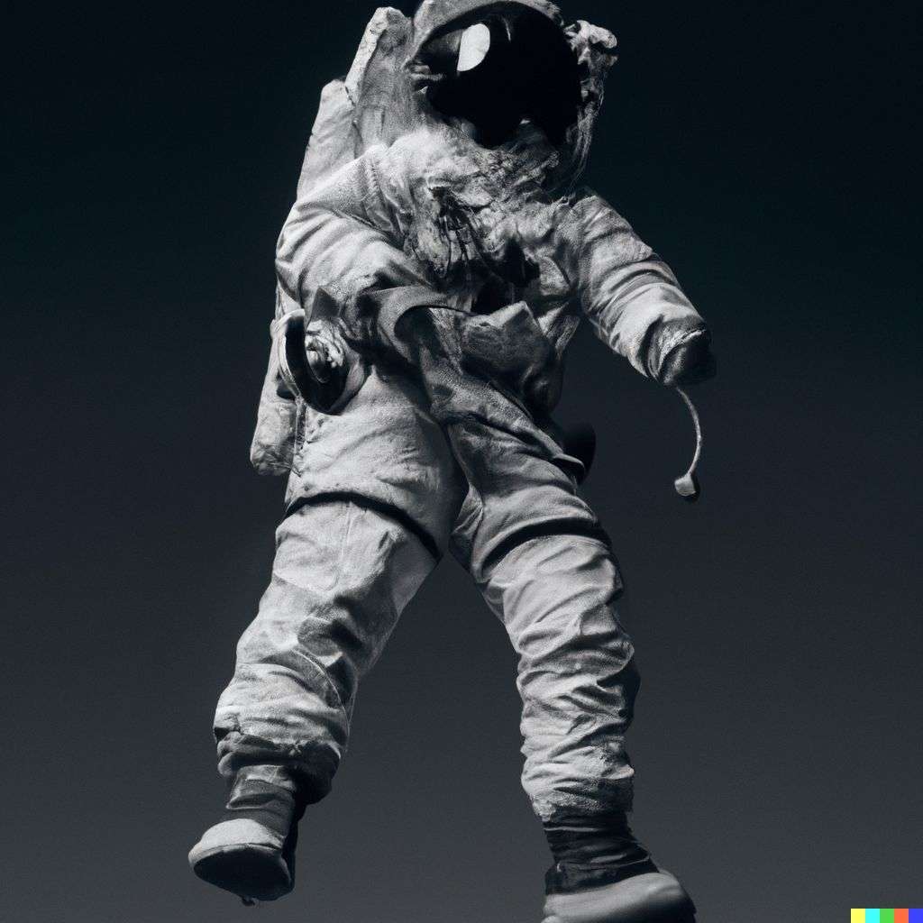 an astronaut, photograph, taken from a low angle